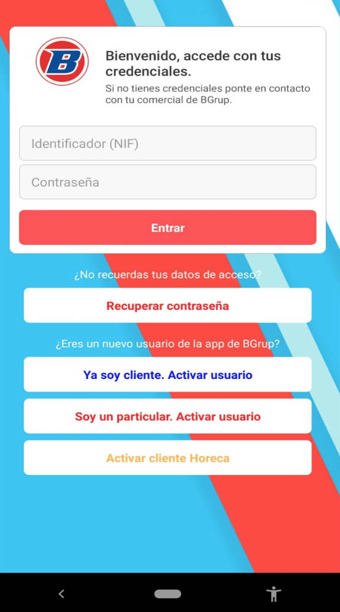 Pantalla de acceso y activación de cliente Horeca