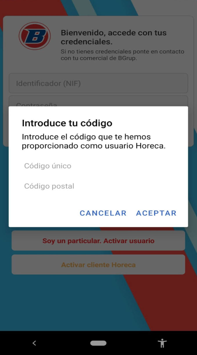 Pantalla para introducir el código único y el código postal