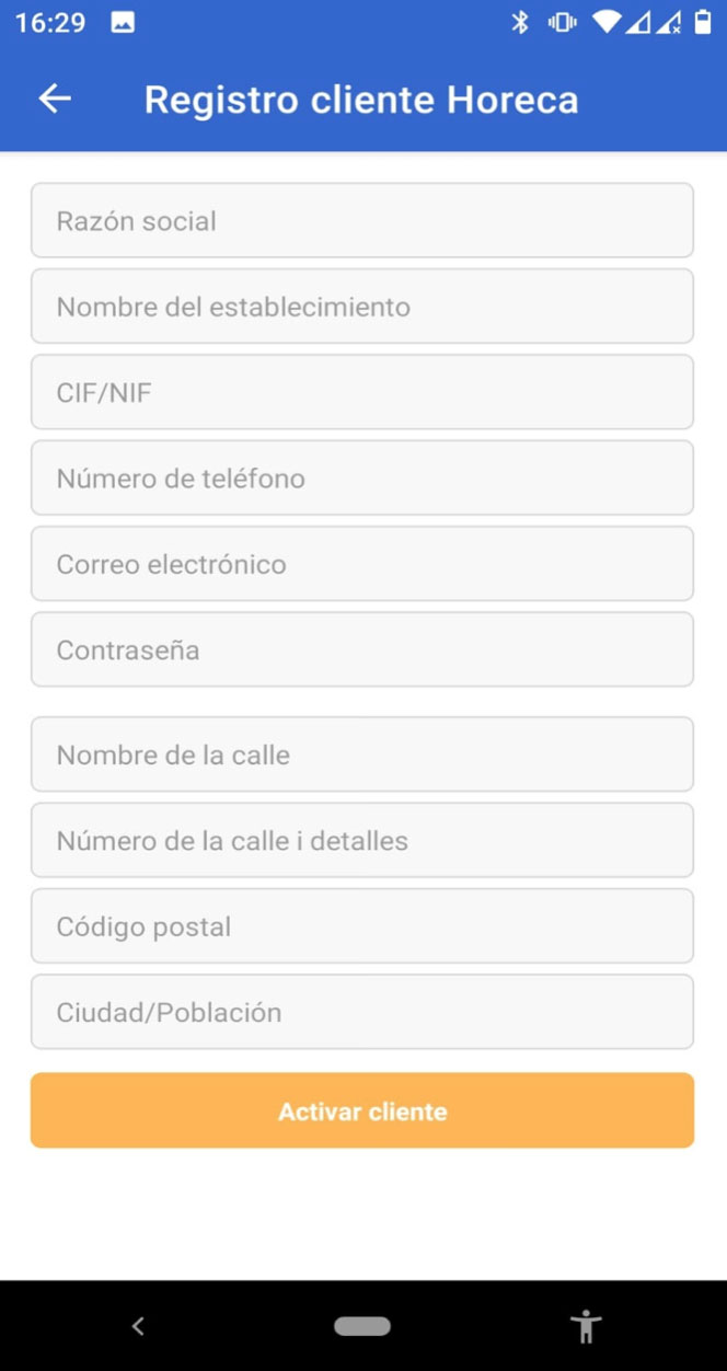 Formulario de registro de cliente Horeca