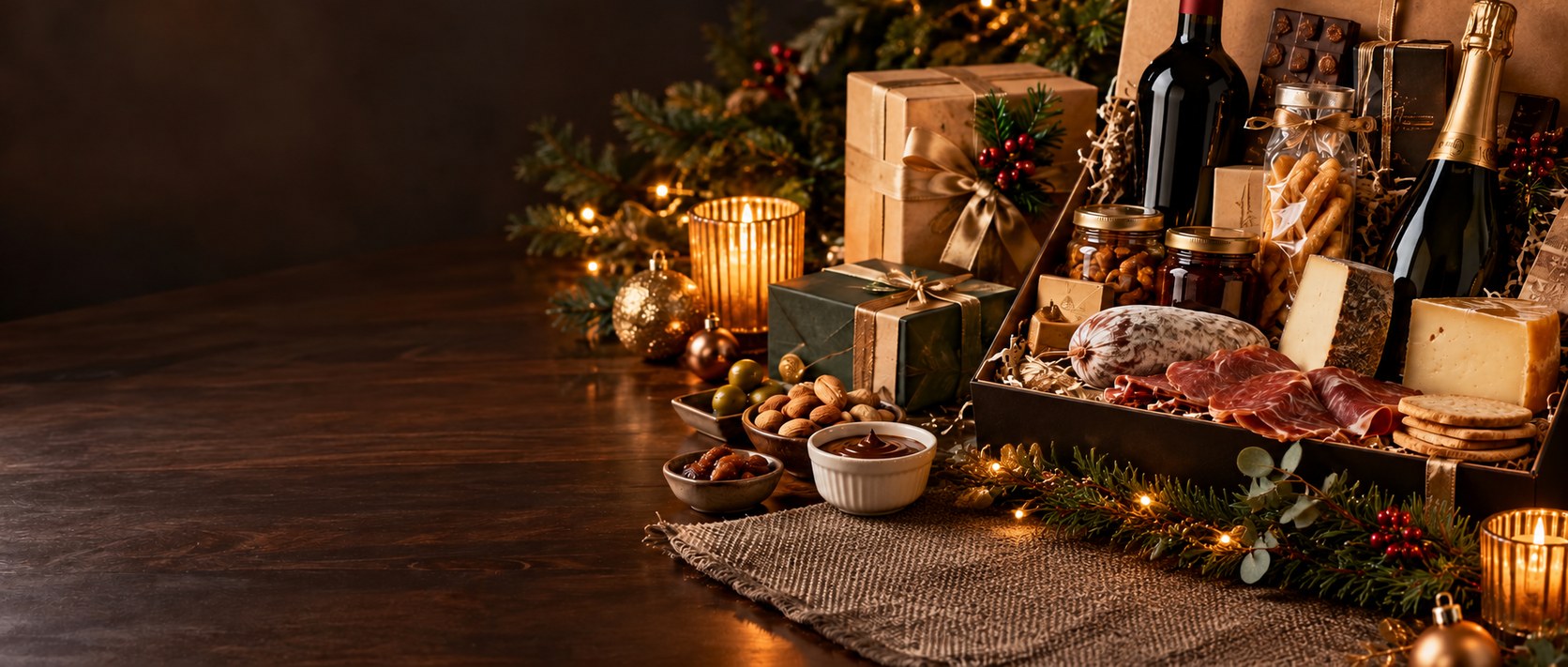 Lotes de Navidad elegantes y porras sobre una mesa festiva